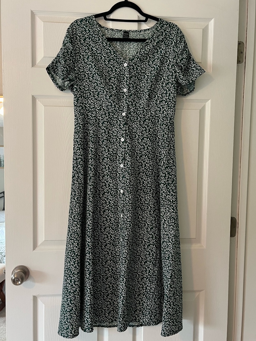 SHEIN Green and White Ditsy Floral Button-Front Midi Dress